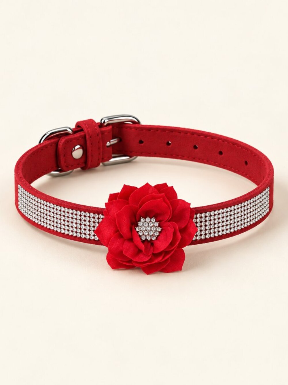 Red Rhinestone Dog Collar Flower Accent Adjustable Silver Tone Buckle 19"